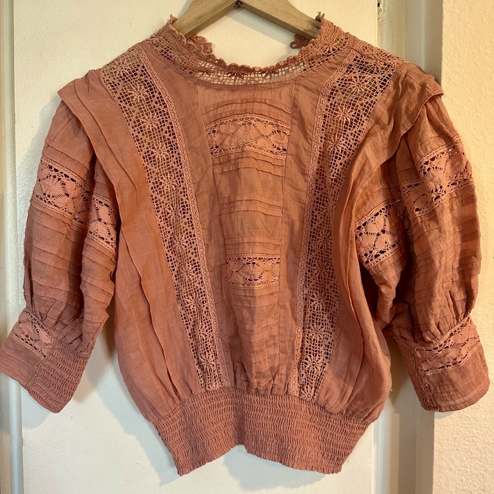 Free People Dusty Rose Lace Panel Puff Sleeve Blouse - Picture 5 of 10